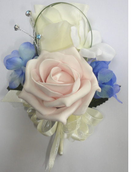 baby pink & blue pin on corsage, pink wedding corsage